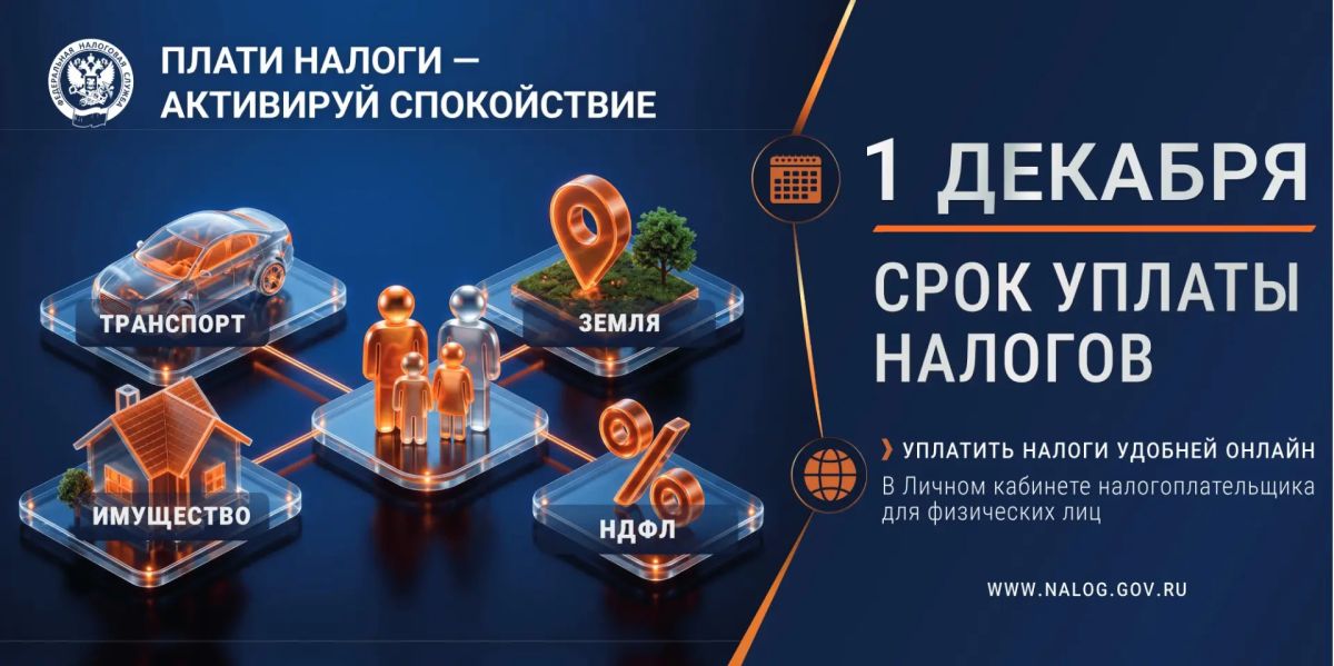 Время платить налоги!. В ритме жизни легко забыть о сроках, поэтому мы напоминаем: есть недвижимость, землю и транспорт? С 1 ноября по 31 декабря 2026 года оплатить налоги: В «Личном кабинете налогоплательщика» на сайте ФНС